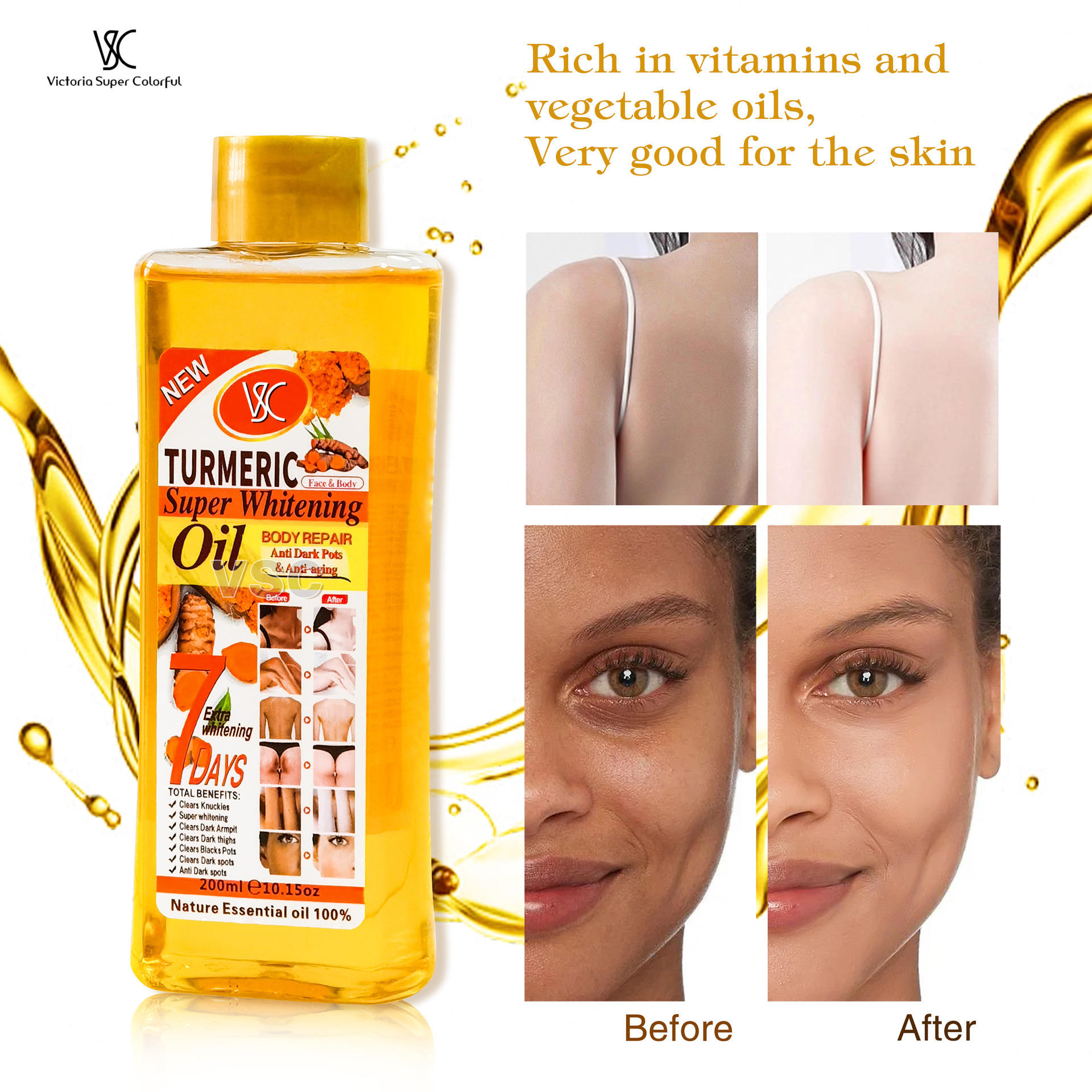 Veet Gold Turmeric Whitening Oil 200ml – Anti-Aging, Dark Spot Remover & Skin Brightening Essential Oil